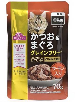 トップバリュ　キャットフード　パウチ　かつお＆まぐろ　グレインフリー　サーモン入り　成猫用　７０ｇ