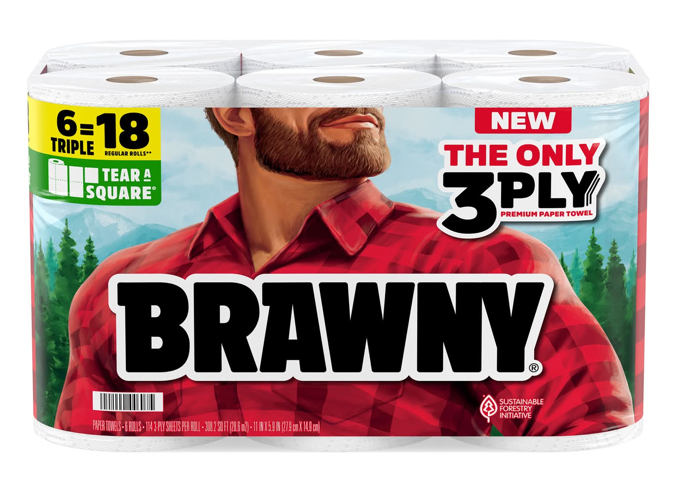 Brawny 3-Ply Tear a Square Paper Towels Rolls, 11x5.9 in, White (6 ct)