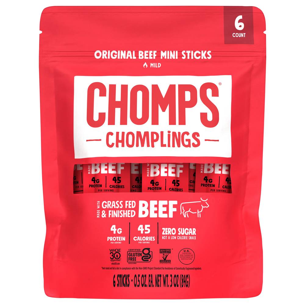 Chomps Mild Grass Fed Mini Snack Sticks, Original Beef (0.5 oz, 6 ct)