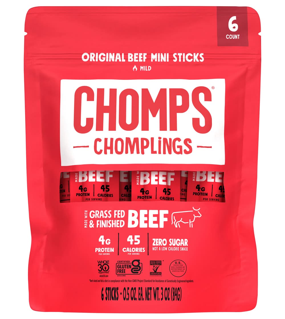 Chomps Mild Grass Fed Mini Snack Sticks, Original Beef (0.5 oz, 6 ct)