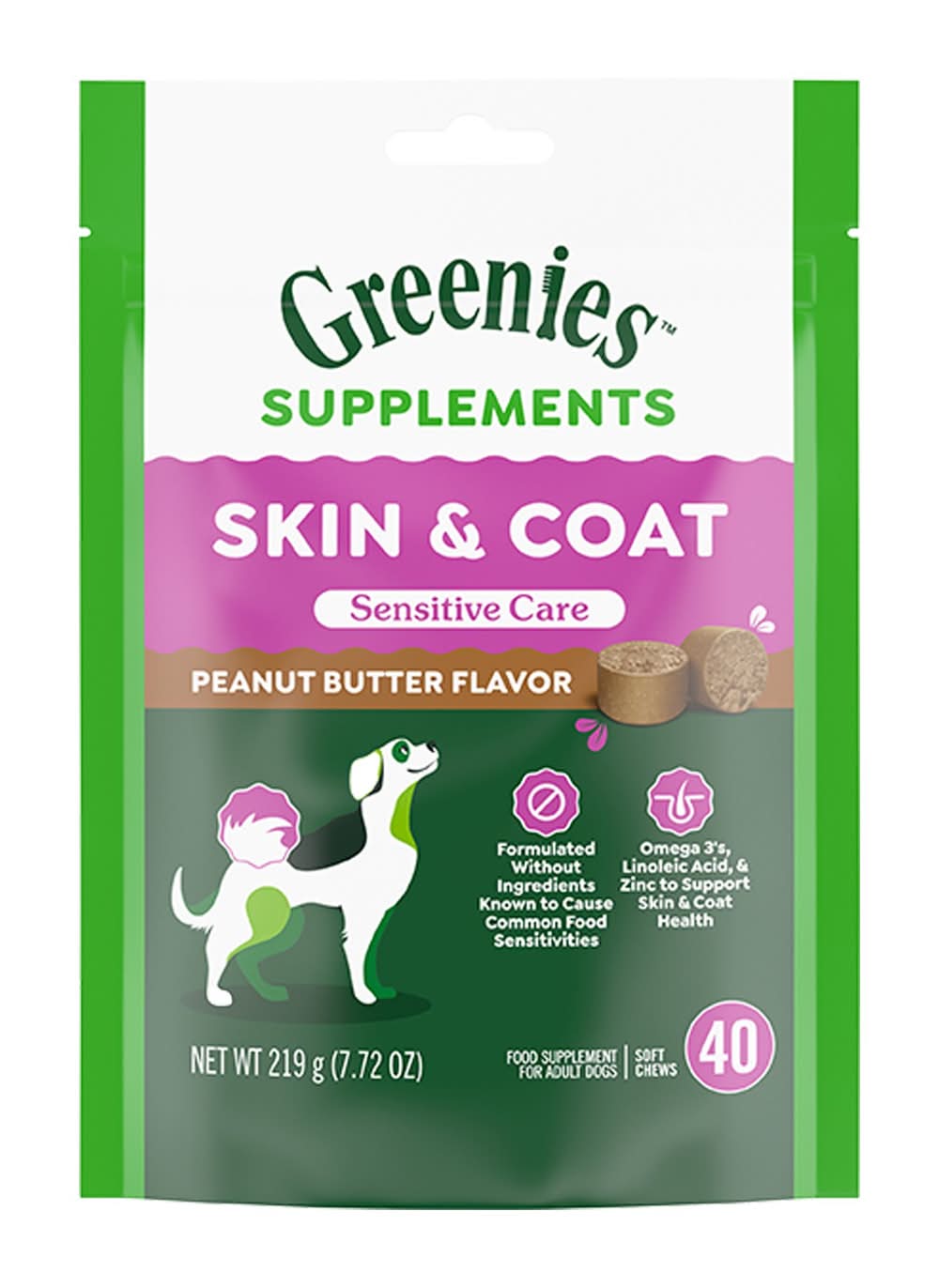 Greenies Skin and Coat Sensitive Care Supplement for Dogs, Peanut Butter Flavor, 40 Ct, 80 Ct (Color: Brown, Size: 40 Count)