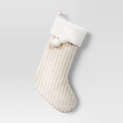 20" Metallic Striped Christmas Stocking with Pom Poms White/Gold - Wondershop™