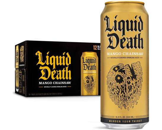 Liquid Death Sparkling Water, Mango Chainsaw Flavored 19.2oz Can