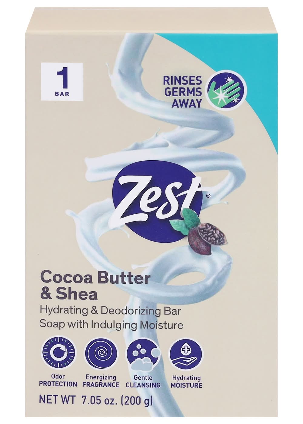Zest Hydrating & Deodorizing Bar Soap, Cocoa Butter & Shea (7.05 oz)