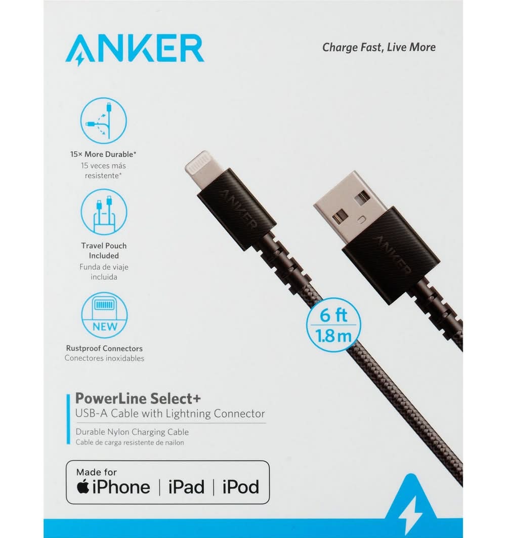 Anker Powerline Select+ Usb-A Cable With Lightning Connector Charging Cable, 6 ft (2 ct)