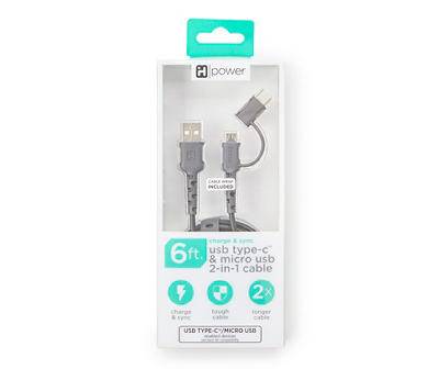 Gray Durastrain 6' Micro USB & USB Type-C 2-in-1 Cable