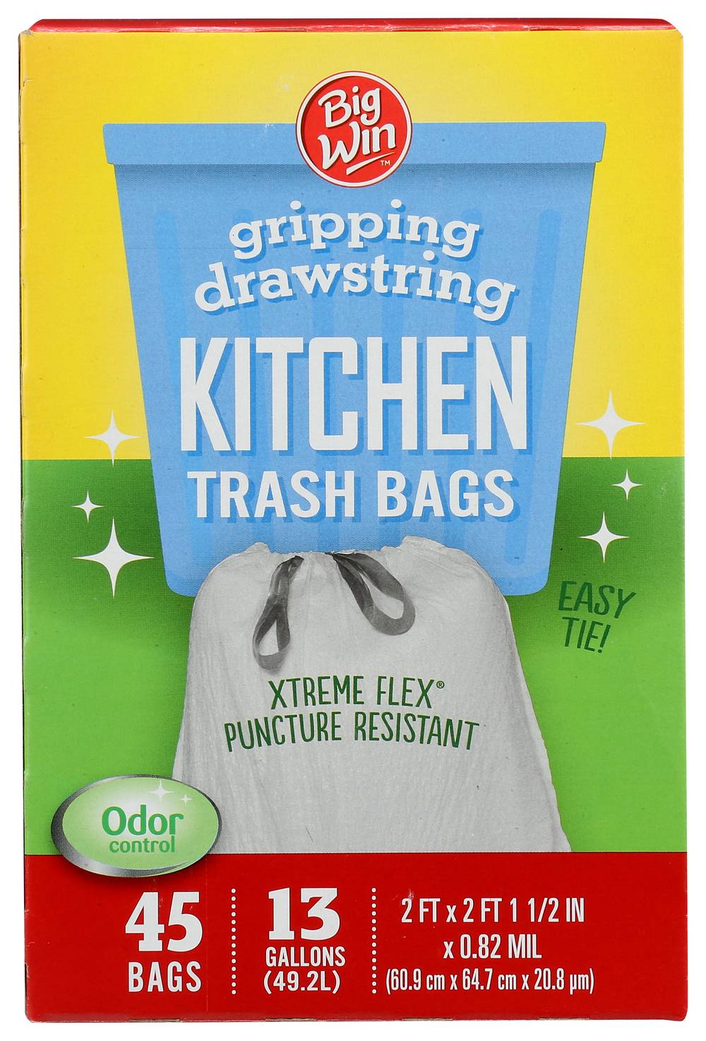 Big Win Gripping Drawstring Kitchen Trash Bags, 13 Gallon - 45 ct