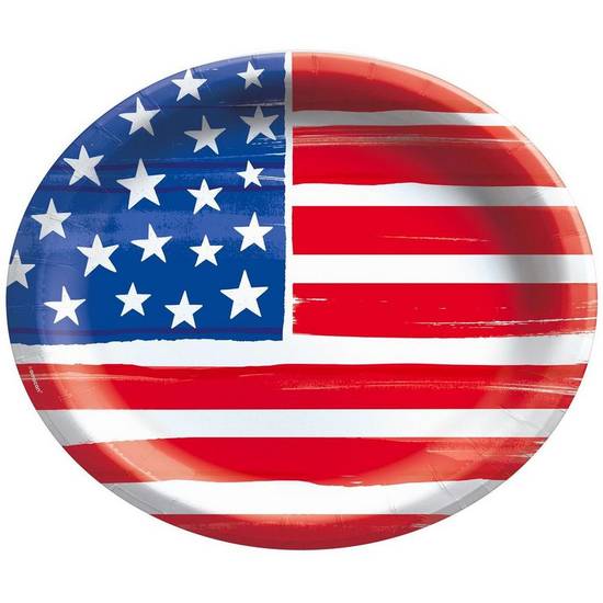 Painted Patriotic American Flag Oval Paper Plates, 12in x 10in, 20ct