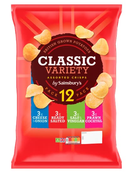 Sainsbury's Cheese and Onion-Ready Salted-Salt and Vinegar-Prawn Cocktail, Classic Variety Multipack Potato Crisps (12 x 25g)