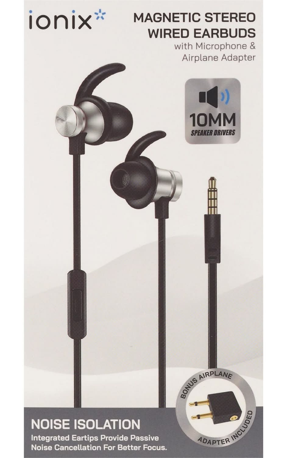 Ionix Magnetic Stereo Wired Earbuds With Microphone & Airplane Adapter, 4 ft