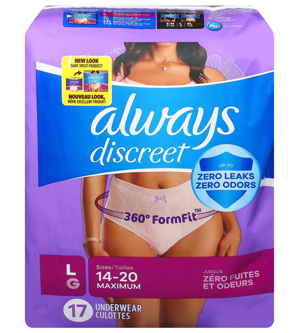 Always Discreet Maximum Absorbency Incontinence Underwear, L, Peony Pink (17 ct)