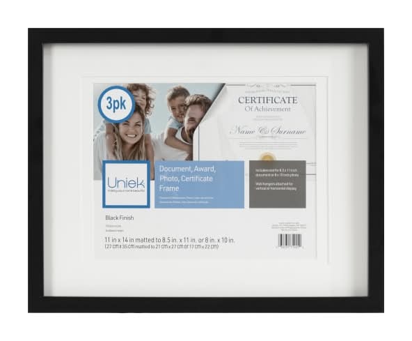 Uniek Gallery Photo/Document Picture Frames, 11" x 14" With Mat, Black, Set Of 3 Picture Frames