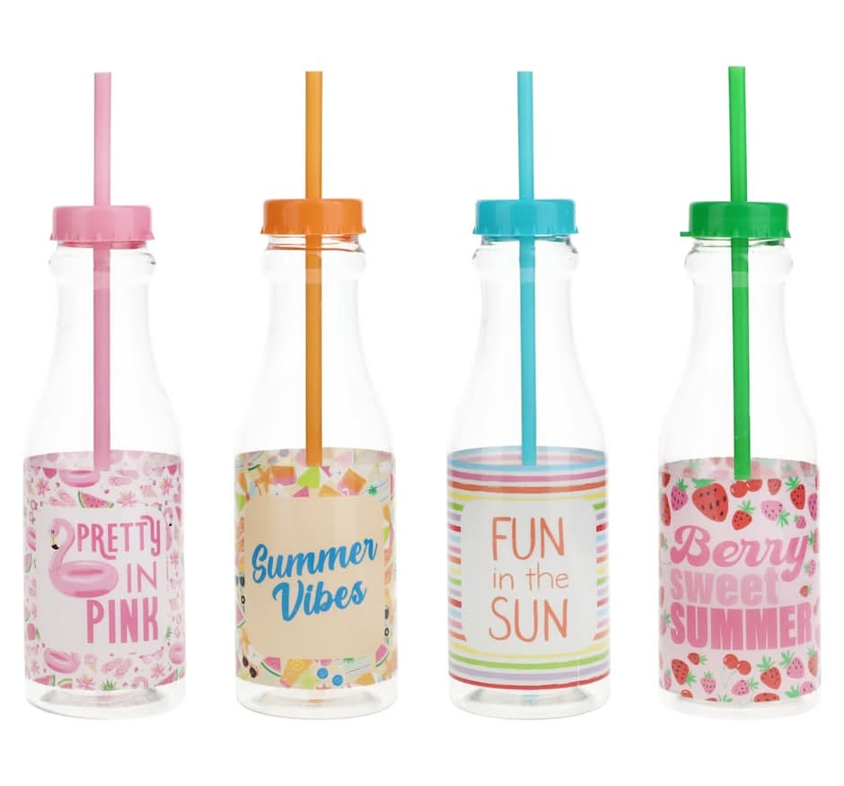 Summer-Themed Plastic Water Bottle With Straw, Assorted Designs