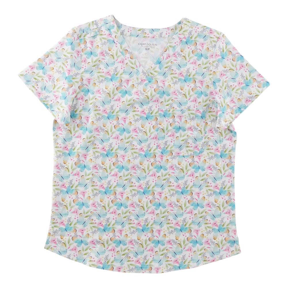 Haut d'uniforme médical à imprimé avec col en V Options pour femmes (M, Abstrait sar) / Options Women's Printed V-Neck Scrub Top (M, Md Teal AB1)