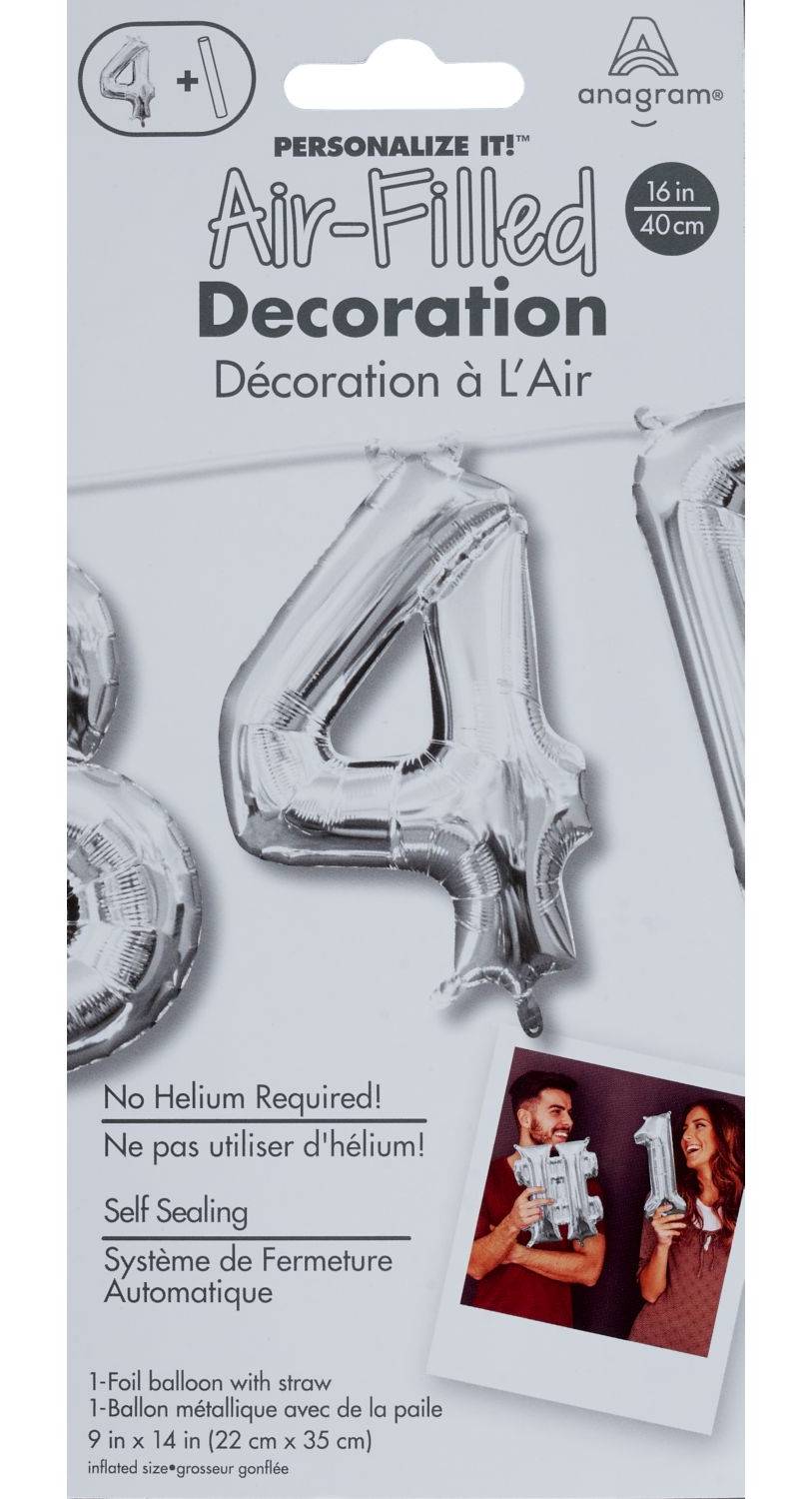 Party City Uninflated Air-Filled Number 4 Balloon, Silver