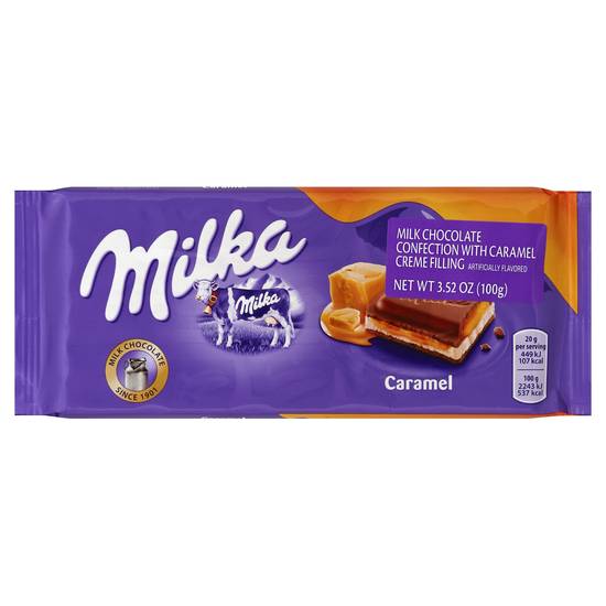 Milka Chocolate Candy, Milk Chocolate Tablet Caramel, 3,5 Oz /100 Gr