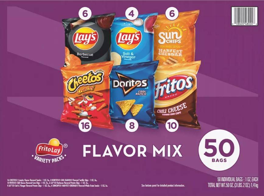 Frito-Lay Variety Packs, Flavor Mix, 50 Ct, 1 oz (2X50|2 Units per Case)