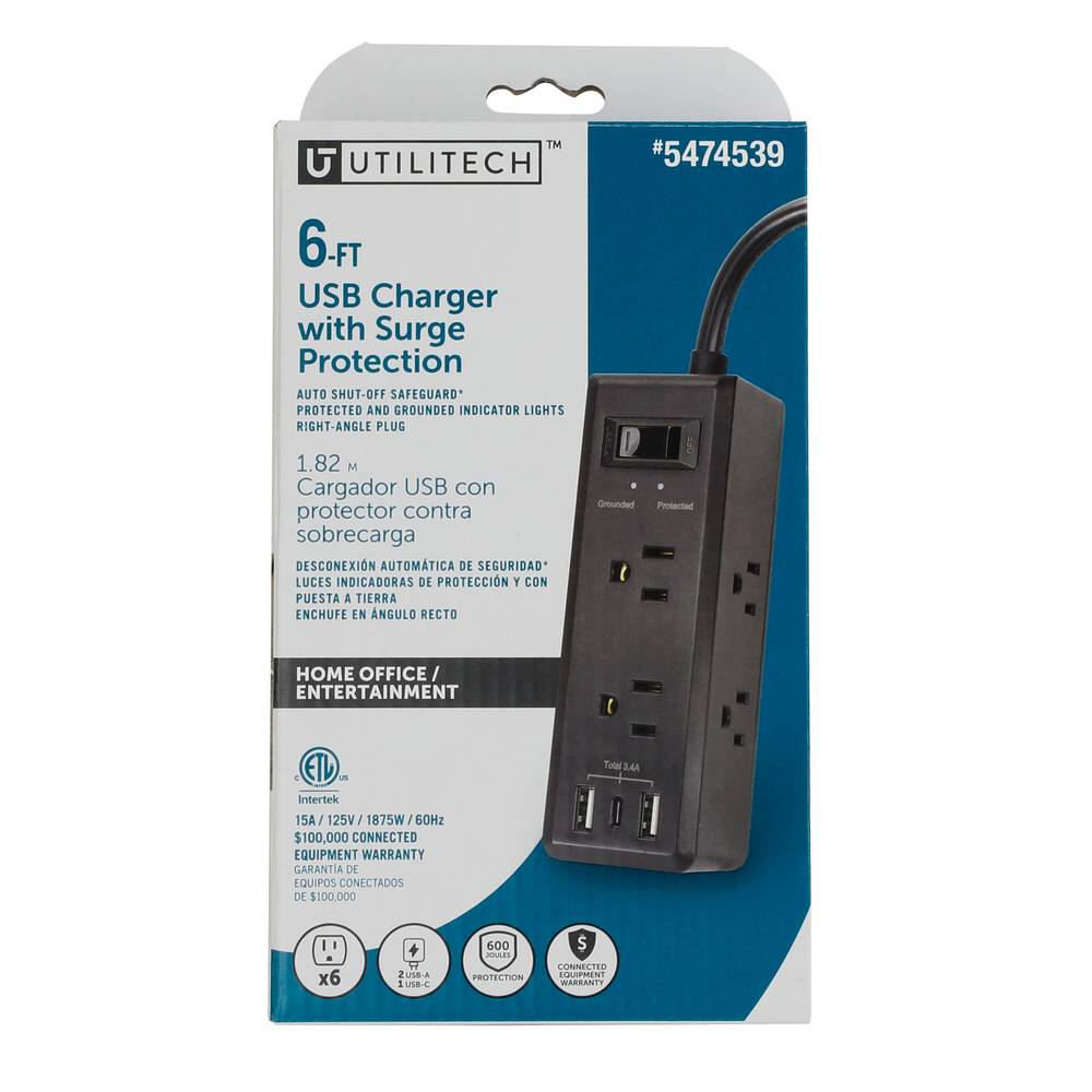 Utilitech 6-ft Surge Protection 6-Outlet 600 Joules 1875-Watt 1100Va Black Indoor Usb and Ac Surge Protector | UTPBBUC032