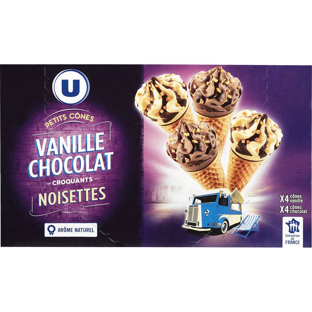 U - Petits cônes glacés vanille et chocolat (8 pièces)