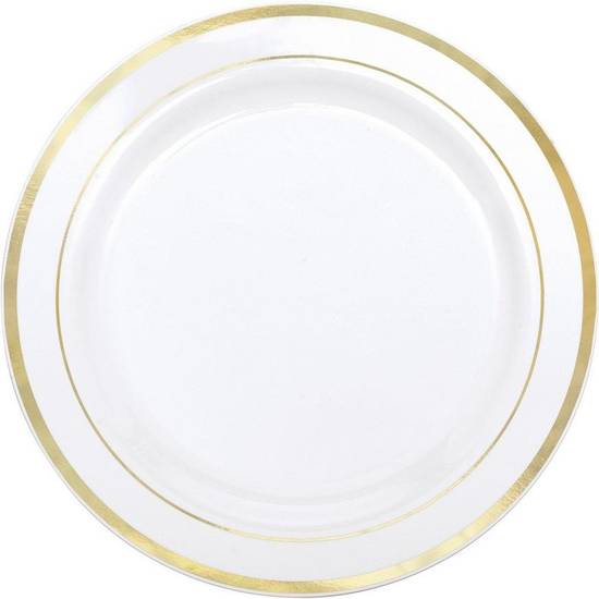 White With Gold Rim Premium Plastic Dinner Plates, 10.25in, 20ct