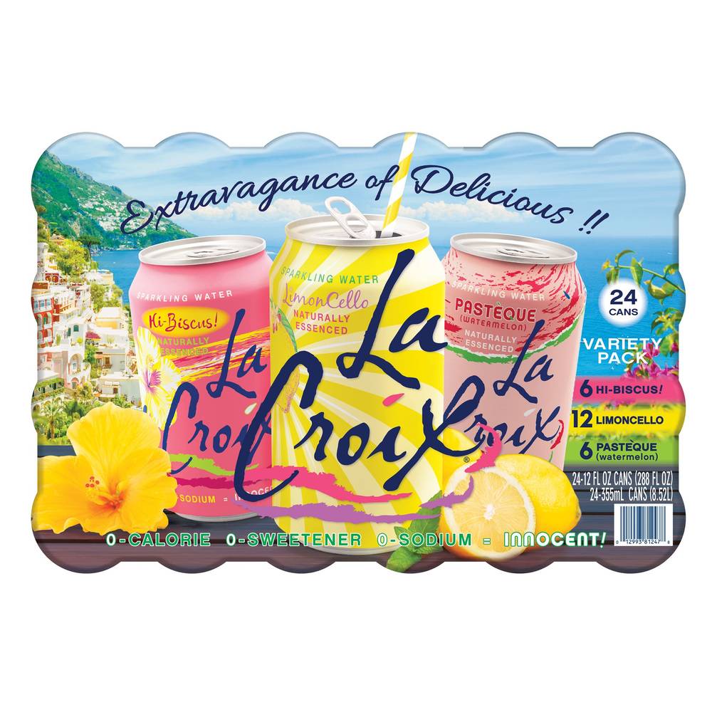 Lacroix Sparkling Water Variety pack (24 pack, 12 fl oz) (hibiscus, limoncello and watermelon)