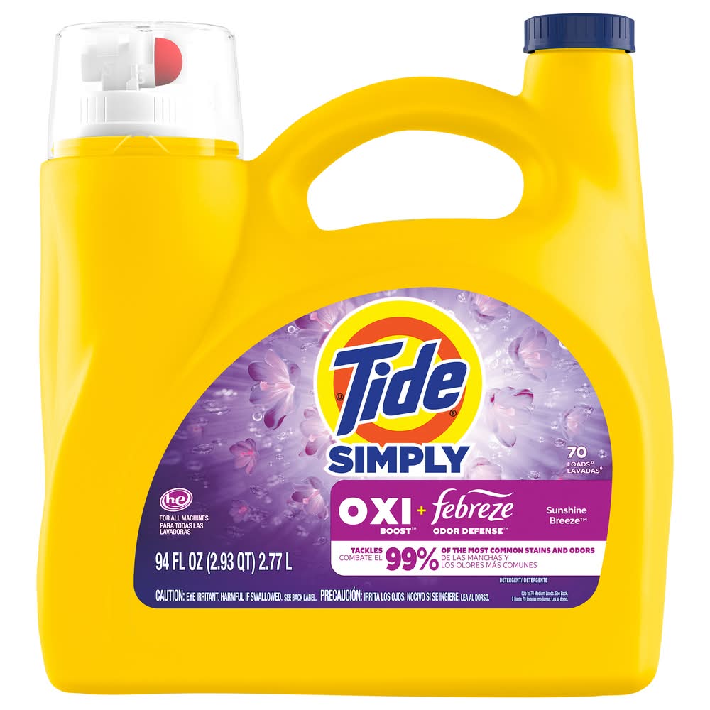 Tide Simply Oxi Boost + Febreze Odor Defense Liquid Laundry Detergent, Sunny Breeze (105 fl oz)