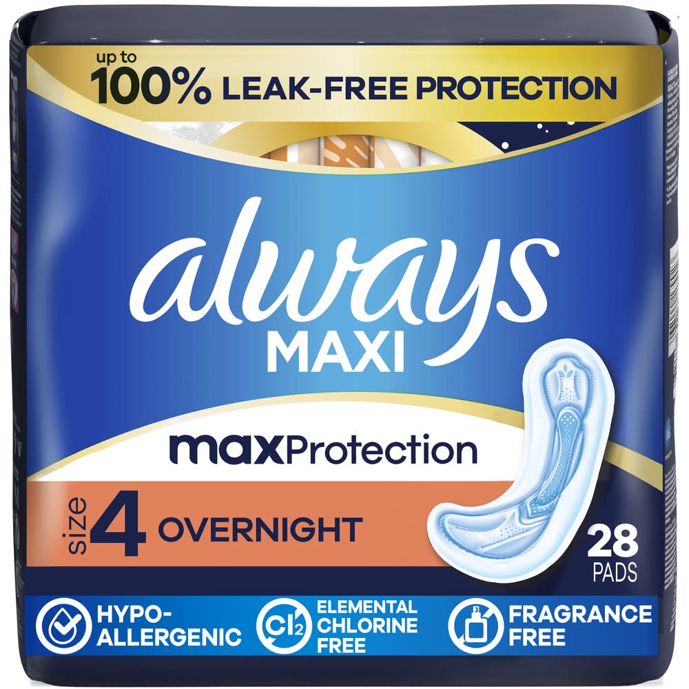 Always Maxi Overnight Pads Without Flex Wings, Women, 4 (28 ct)