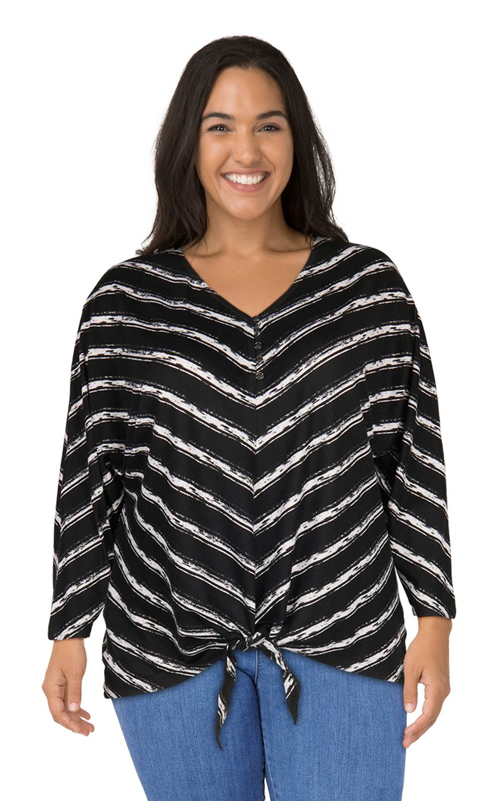Haut à encolure en V avec nœud avant taille Plus lily morgan pour femmes (2X, Rayure noir) / lily morgan Women's Plus V-Neck Tie Front Top (2X, Black ST10)