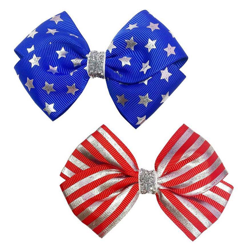 Metallic Blue Red Patriotic Bow Hair Clips, 3.75in x 2.75in, 2ct