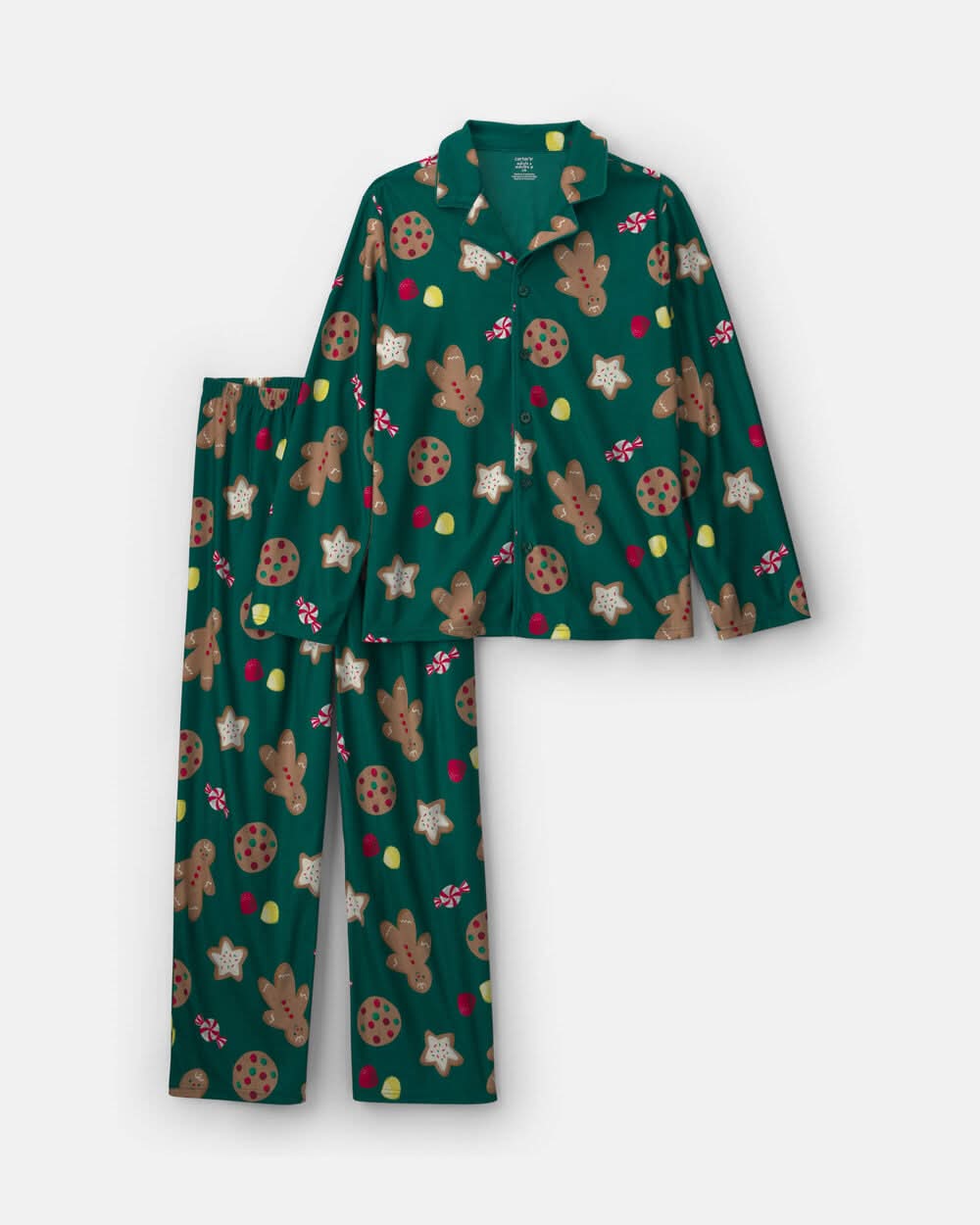 Adult 2-Piece Christmas Gingerbread Fleece Loose Fit Pajama Set - Green - XS