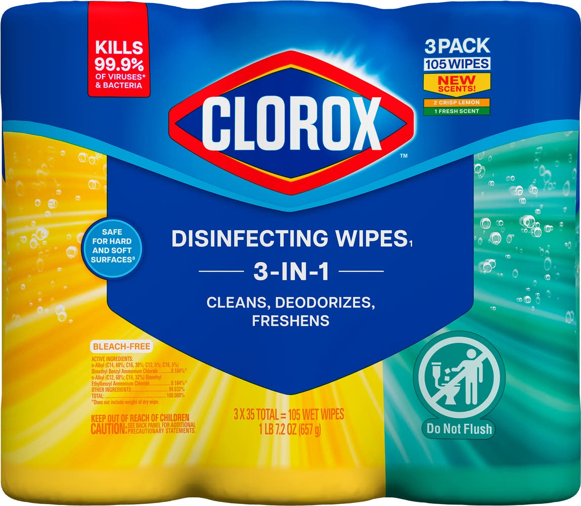 Clorox 3 In 1 Disinfecting Wipes, Crisp Lemon-Fresh (3 x 35 ct)