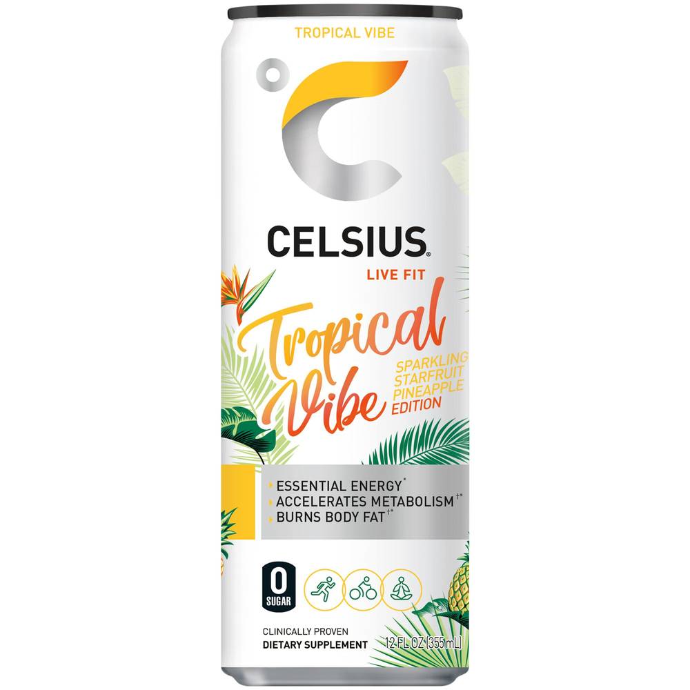 Celsius Sparkling Energy Drink - No Sugar Or Preservatives - Tropical Vibe (4 Drinks, 12 Fl Oz. Each)