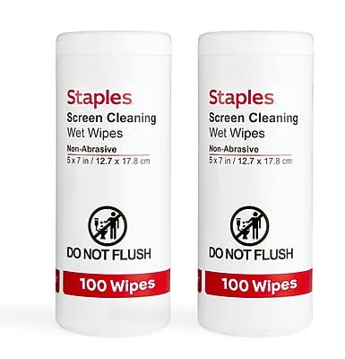 Staples Screen Cleaning Wipes – 100 per Tub, Safe for Monitors, Laptops & Electronics, 2‑Pack