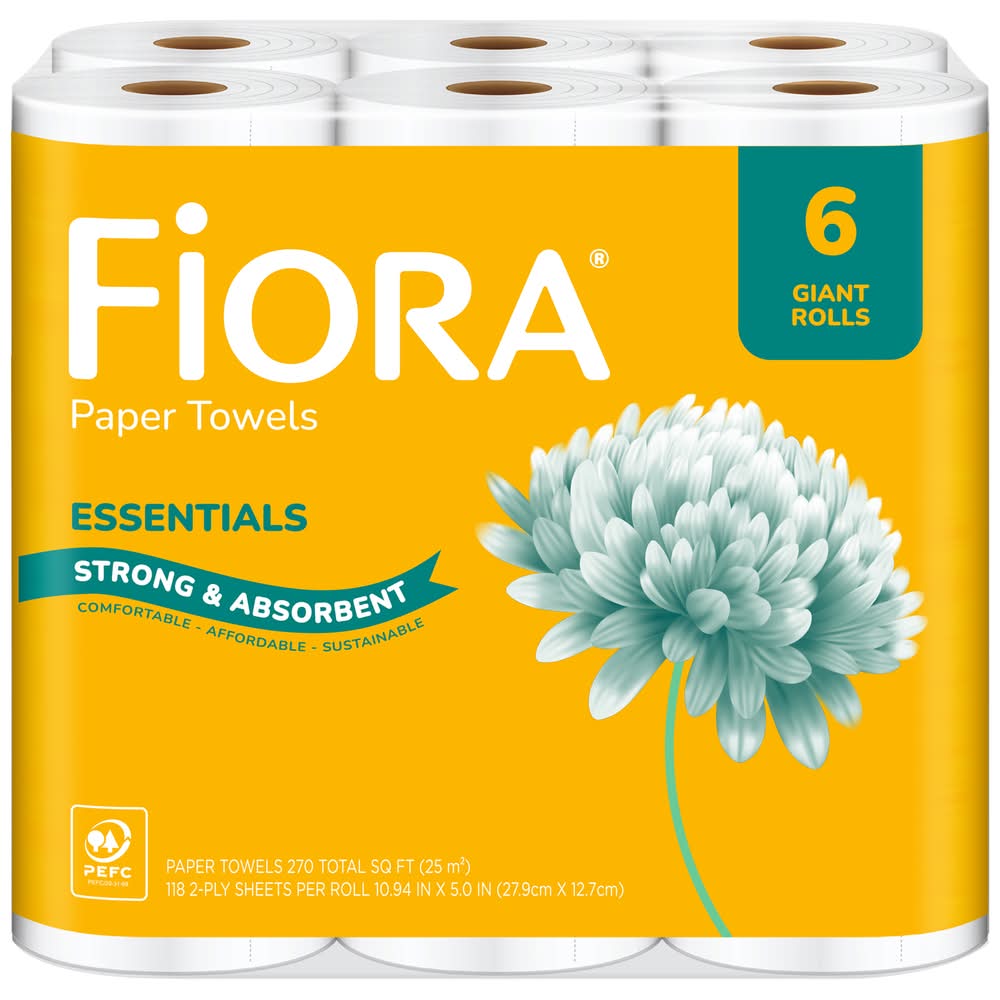 Fiora Essentials Strong & Absorbent Giant Rolls Paper Towels, 10.94x5 in (6 ct)