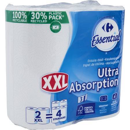 Carrefour Essential - Rouleaux de papier essuie tout ultra absorption xxl (2 pièces)