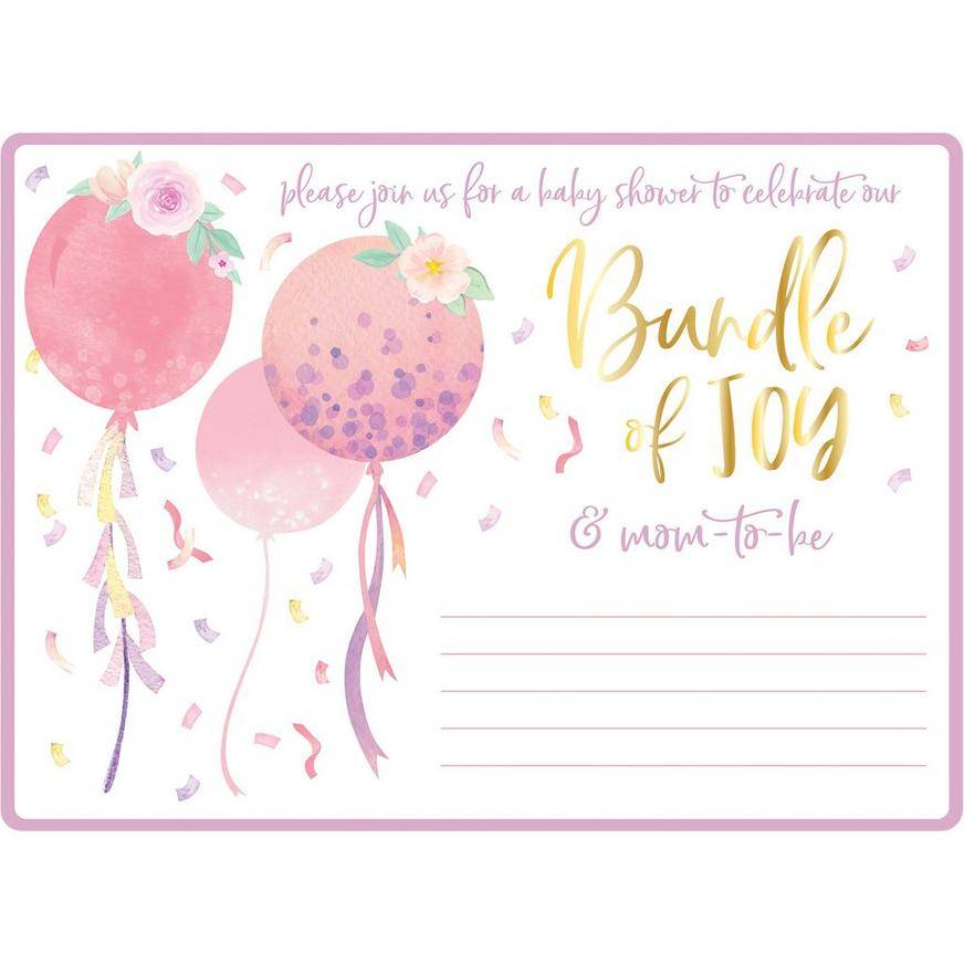 Pink Balloons Confetti Baby Shower Cardstock Invitations, 8ct