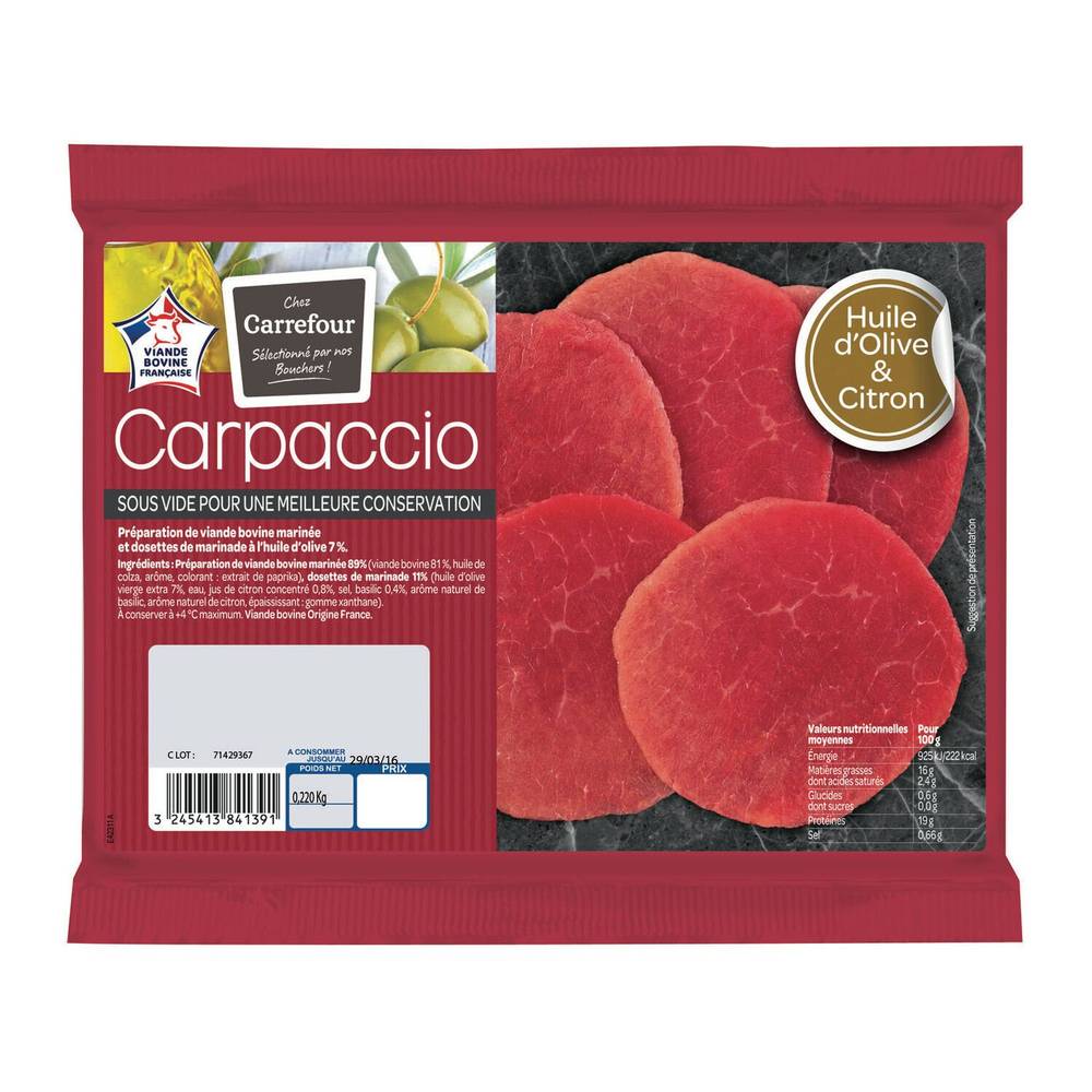 Carpaccio de boeuf huile olive citron CARREFOUR - la barquette de 220g