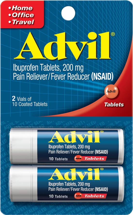 Advil (2 vials of pain reliever / fever reducer coated tablet, ibuprofen, temporary pain relief (10 tablets) / 200mg)