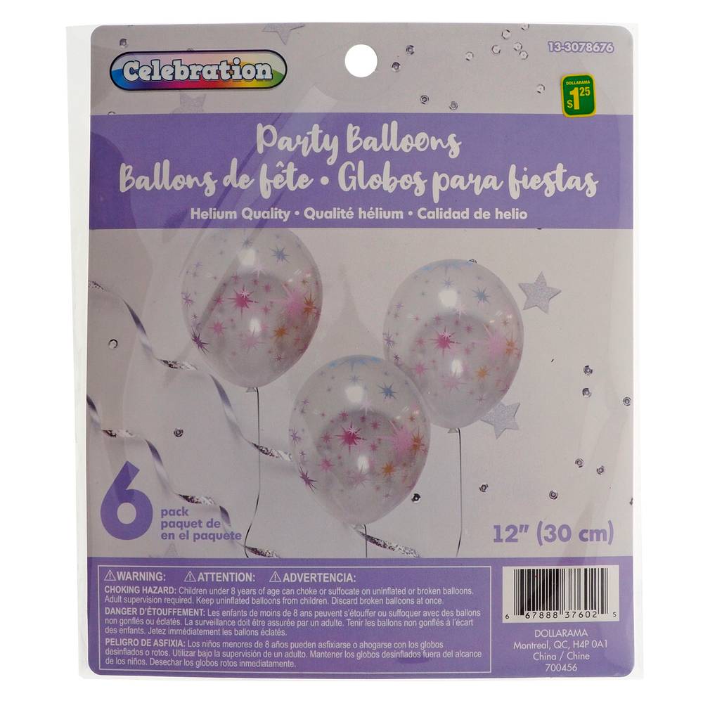 Clear Balloons With Colour Print, 6pc