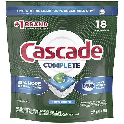 Cascade Complete ActionPacs Dishwasher Detergent Pods, Fresh - 0.52 oz x 18 pack