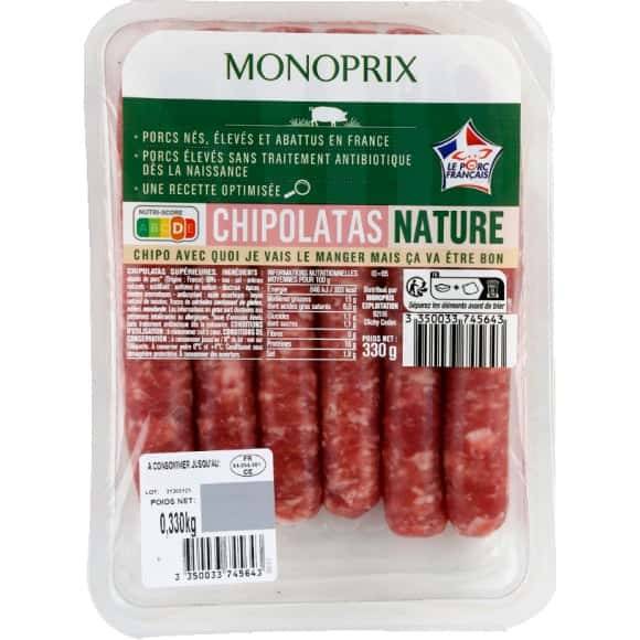 Monoprix Chipolatas Nature De Porc Eleve Sans Traitement Antibiotique La Barquette De 6 , 330 G