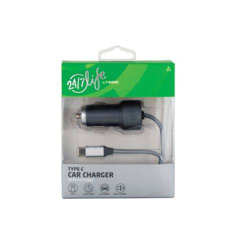 24/7 Life Braided Type-C Car Charger Black 4ft