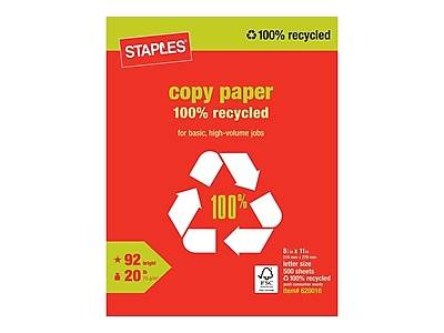 Staples 100% Recycled 8.5 X 11 Copy Paper, 20 Lbs., 92 Brightness, 500/ream