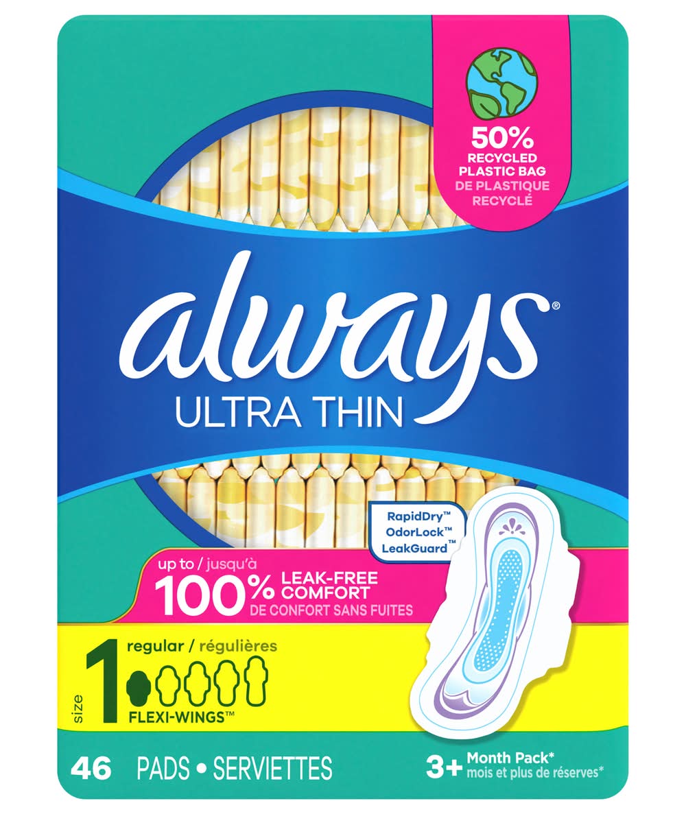 Always Ultra Thin Flexi-Wings Jumbo Regular Pads, 1 (8 oz, 46 ct)