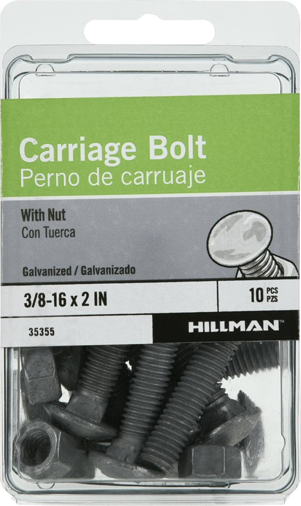 Hillman 3/8-in x 2-in Galvanized Coarse Thread Exterior Carriage Bolt (10-Count) | 35355