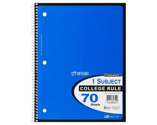 Top Fligt · Standards 1-Subject College-Rule 70 Sheets (1 notebook)