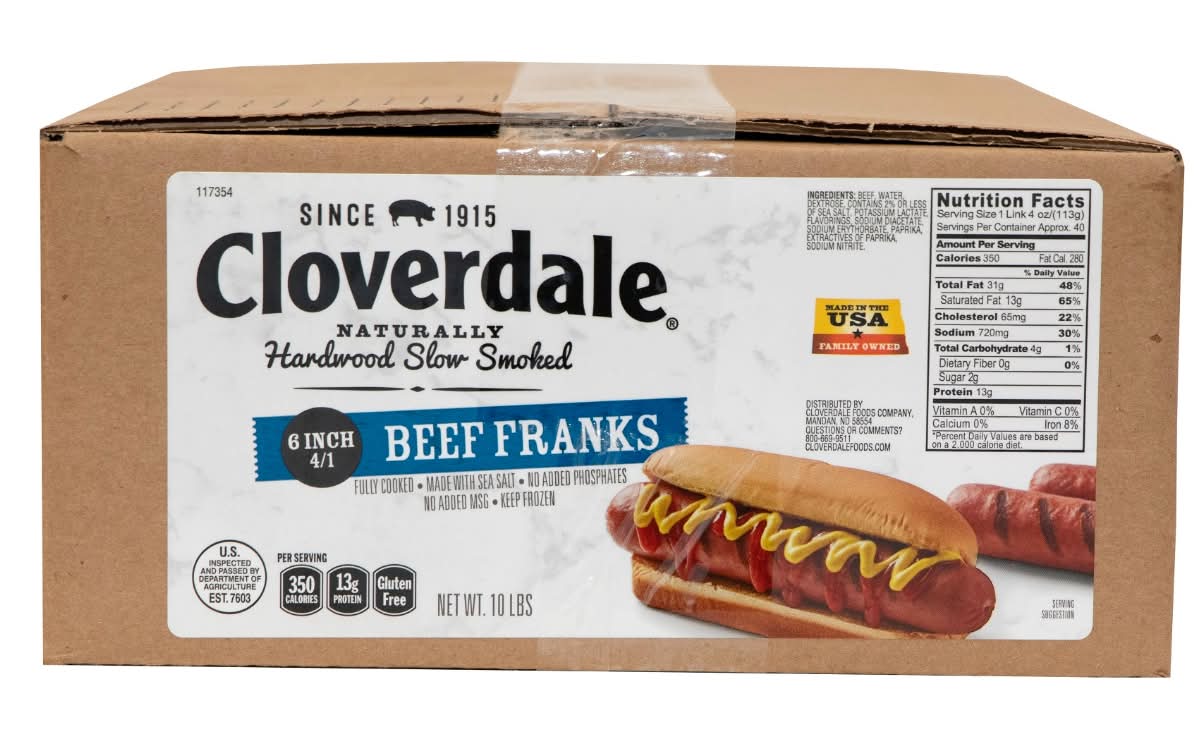 Cloverdale Beef Hot Dogs, 6.4/1" (10 lbs)
