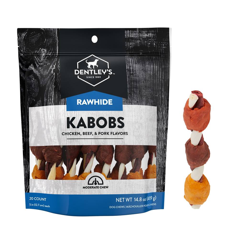 Dentley's Gourmet Rawhide Kabobs Dog Chews, Chicken-Beef-Pork (14.8 oz)