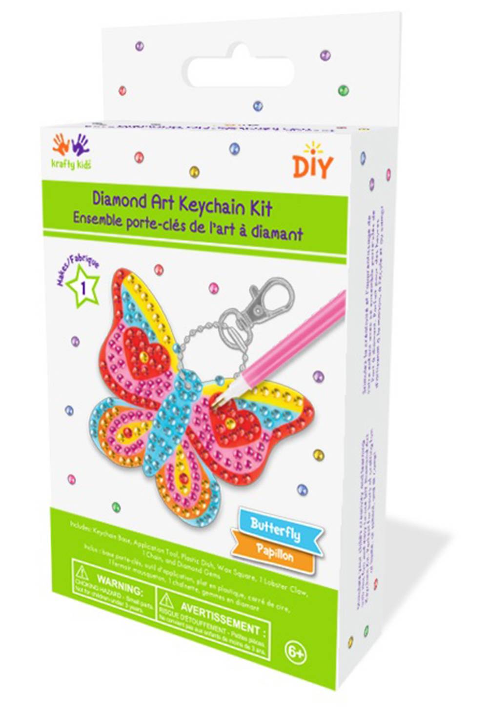 Krafty kids kit porte-clés papillon en broderie diamant dès 6+ ans - diamond embroidery butterfly keychain kit for ages 6+