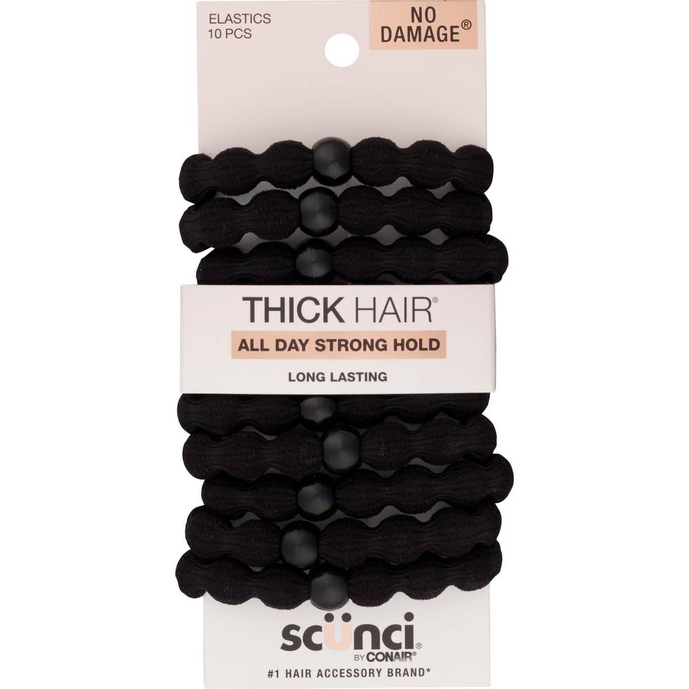 Scunci Thick Hair All Day Strong Hold Elastic with Bead, Black, 10 CT